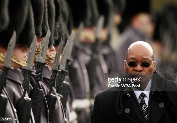 The South African President Jacob Zuma inspects the troops at the ceremonial welcome on Horseguards Parade, as part of his three day State Visit to...