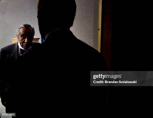 Rep. Charlie Rangel leaves after a news conference on Capitol Hill March 3, 2010 in Washington, DC. Rep. Charlie Rangel announced he is temporarily...