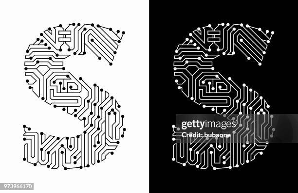 bildbanksillustrationer, clip art samt tecknat material och ikoner med bokstaven s i svart och vitt kretskort teckensnitt - bokstaven s