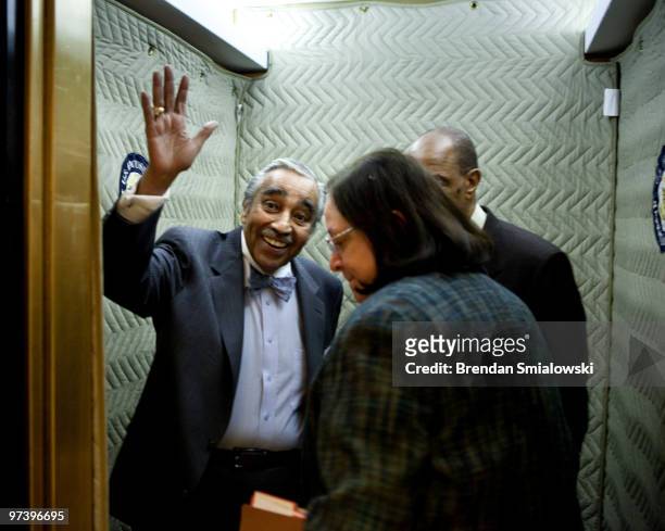 Rep. Charlie Rangel waves from an elevator on Capitol Hill March 3, 2010 in Washington, DC. Rep. Charlie Rangel announced he is temporarily stepping...