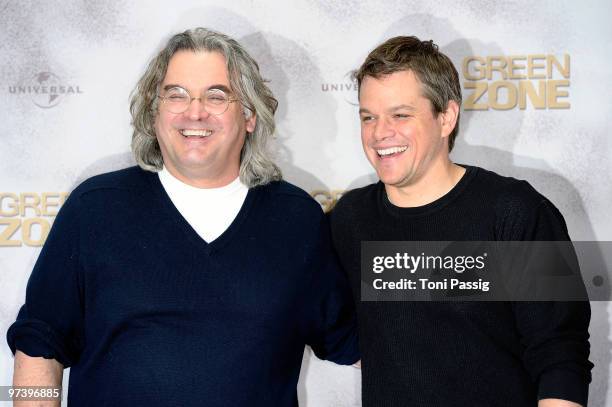 Director Paul Greengrass and actor Matt Damon attend a photocall to promote the new movie 'Green Zone' at the Adlon Hotel on March 3, 2010 in Berlin,...