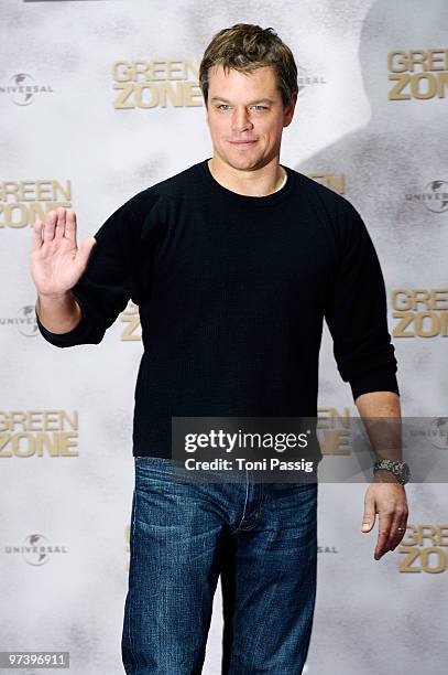 Actor Matt Damon attends a photocall to promote the new movie 'Green Zone' at the Adlon Hotel on March 3, 2010 in Berlin, Germany.