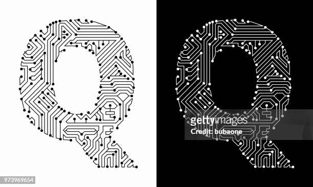 illustrazioni stock, clip art, cartoni animati e icone di tendenza di lettera q nel tipo di carattere del circuito in bianco e nero - q and a