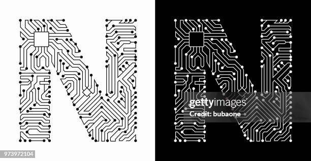 letter n in black and white circuit board font - n stock illustrations