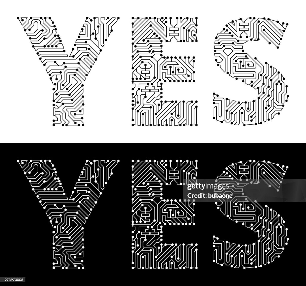 Yes in Black And White Circuit Board Font