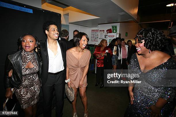 Actress Naturi Naughton, cast member Chester Gregory, actress Monique Coleman and cast member Moya Angela celebrate backstage after the opening night...