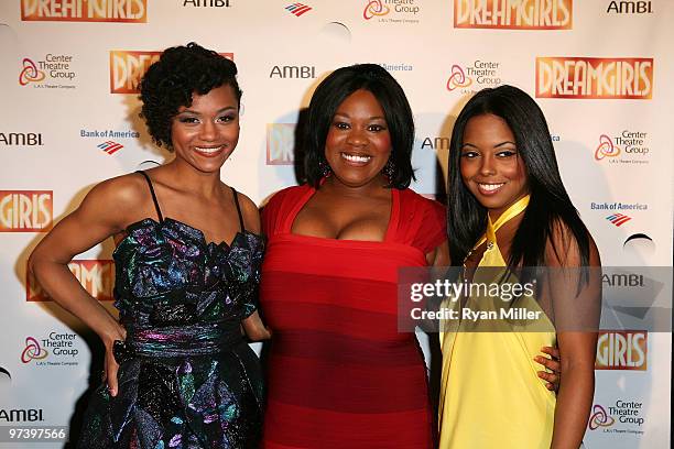 Cast members Syesha Mercado, Moya Angela and Adrienne Warren pose during opening night party for "Dreamgirls" at the Center Theatre Group's Ahmanson...