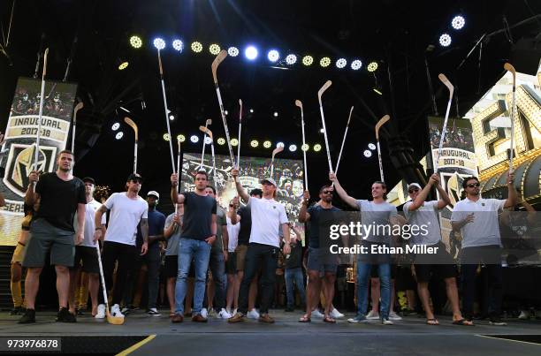 Members of the Vegas Golden Knights, including Brayden McNabb, Jon Merrill, James Neal, Malcolm Subban, Reilly Smith, Cody Eakin, Pierre-Edouard...