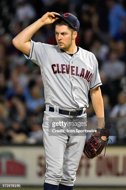 Cleveland Indians starting pitcher Trevor Bauer looks on during the game against the Chicago White Sox on June 13, 2018 at Guaranteed Rate Field in...