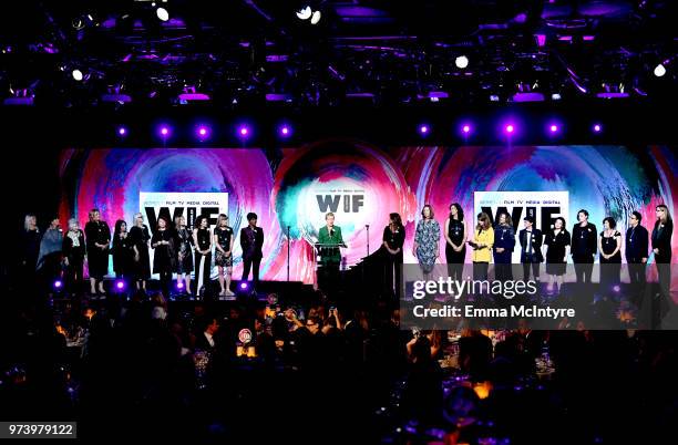 Frances McDormand and honorees speak onstage during the Women In Film 2018 Crystal + Lucy Awards presented by Max Mara, Lancôme and Lexus at The...