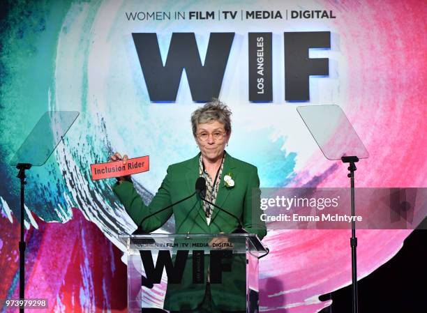 Frances McDormand speaks onstage during the Women In Film 2018 Crystal + Lucy Awards presented by Max Mara, Lancôme and Lexus at The Beverly Hilton...