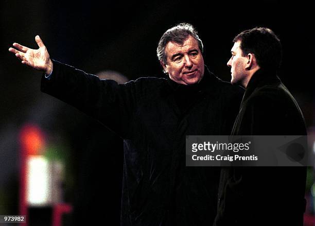 Middlesbrough head coach Terry Venables talks with Bryan Robson during the AXA sponsored FA Cup fourth round replay match between Wimbledon and...