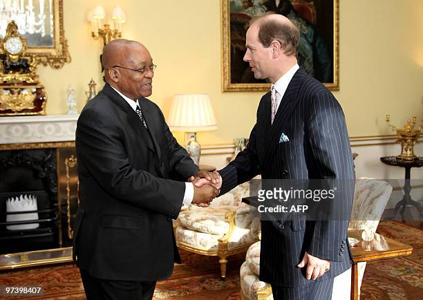 South African President Jacob Zuma shakes hands with Prince Edward, Earl of Wessex, at Buckingham Palace, in central London, on March 3, 2010. South...