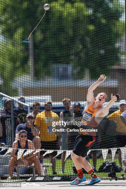 Duncan Ferrin of Salisbury competes in the men's hammer throw during the Division III Men's and Women's Track & Field Championships held at Roger...