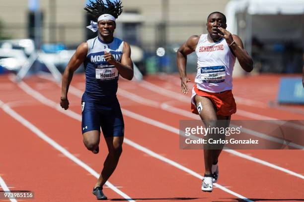 Zion Howard of Moravian, left, and Jordan Johnson of Benedictine competes in the men's 200 meter dash during the Division III Men's and Women's Track...