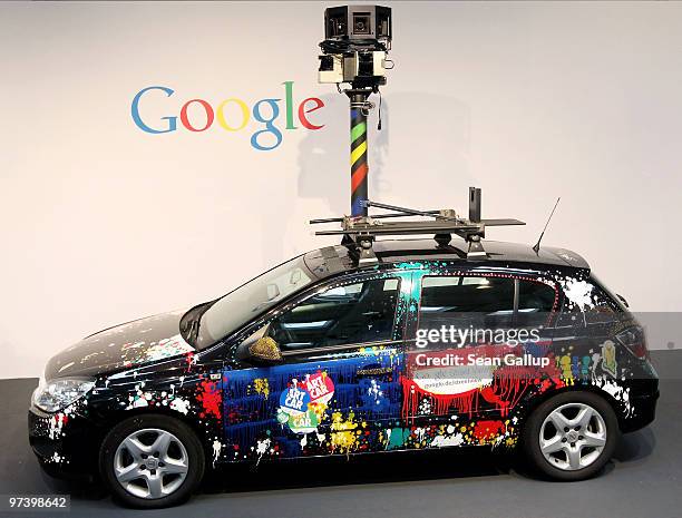 German Google Street View car stands on display at the CeBIT Technology Fair on March 3, 2010 in Hannover, Germany. Google's Street View project has...