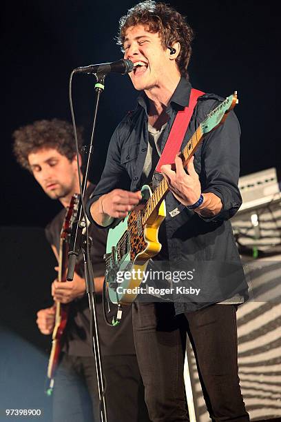 Ben Goldwasser and Andrew VanWyngarden of MGMT perform onstage during the 2009 All Points West Music & Arts Festival at Liberty State Park on August...