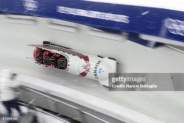 Winter Olympics: Canada Team 1 Lyndon Rush, David Bissett, Lascelles Brown, Chris Le Bihan in action during Four Man Bobsled at Whistler Sliding...