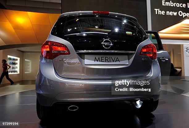 An Opel Meriva automobile is seen on display on the second press day of the Geneva International Motor Show in Geneva, Switzerland, on Wednesday,...