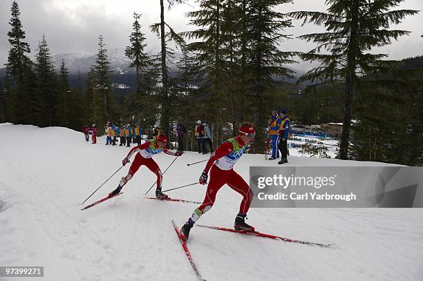 Winter Olympics: USA Bill Demong and USA Johnny Spillane in action during Men's Individual 10K Cross Country Final at Whistler Olympic Park. Demong...