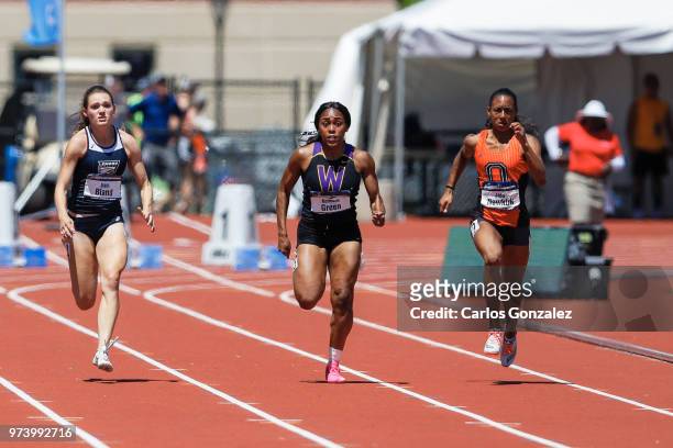 Dani Bland of Emory, Kennedy Green of Williams and Jada Newkirk of Occidental compete in the women's 100 meter dash during the Division III Men's and...