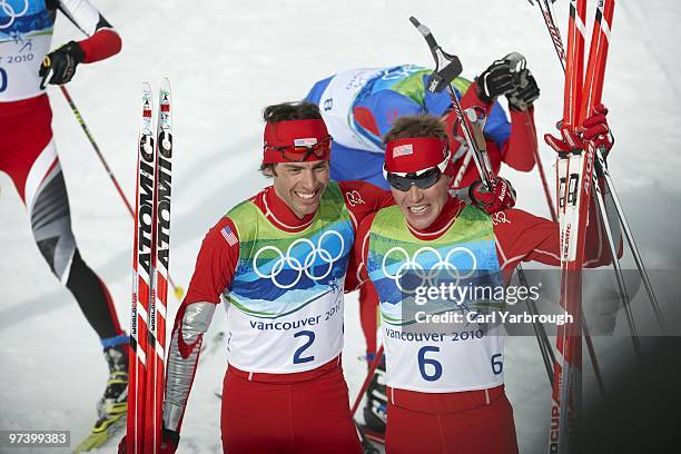 Winter Olympics: USA Johnny Spillane , silver, and USA Bill Demong , gold, victorious after Men's Individual LH/ 10K CC Final at Whistler Olympic...