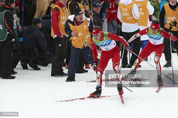 Winter Olympics: USA Bill Demong and USA Johnny Spillane in action during Men's Individual 10K Cross Country Final at Whistler Olympic Park. Demong...