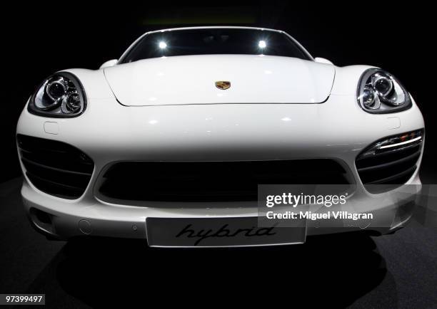 The front of the Porsche Cayenne Hybrid is pictured during the second press day at the 80th Geneva International Motor Show on March 3, 2010 in...