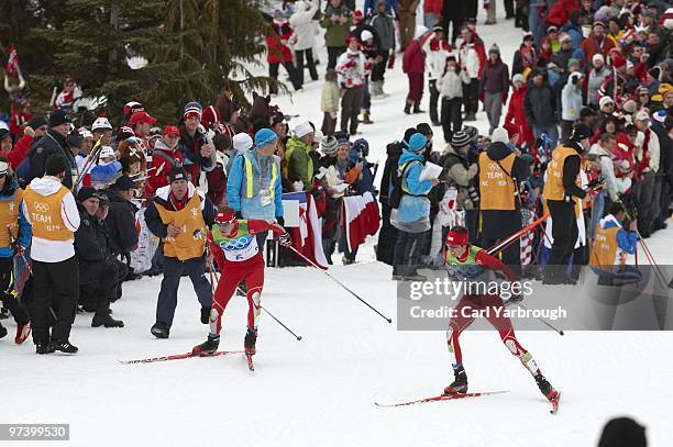 Winter Olympics: USA Bill Demong and USA Johnny Spillane in action during Men's Individual 10K Cross Country Final at Whistler Olympic Park. Demong...