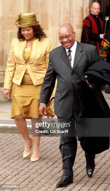 South African President Jacob Zuma and Thobeka Madiba Zuma, his newest of three wives, leave Westminster Abbey on March 3, 2010 in London, England....