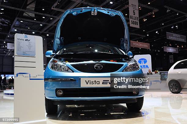 Tata Indica Vista EV electric automobile is seen on display on the second press day of the Geneva International Motor Show in Geneva, Switzerland, on...