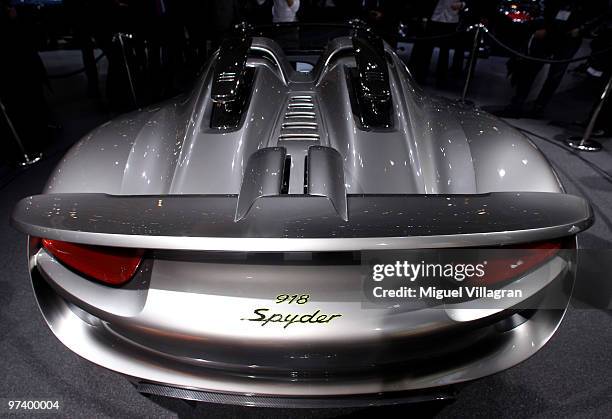 The Porsche 918 Spyder concept car is pictured during the second press day at the 80th Geneva International Motor Show on March 3, 2010 in Geneva,...