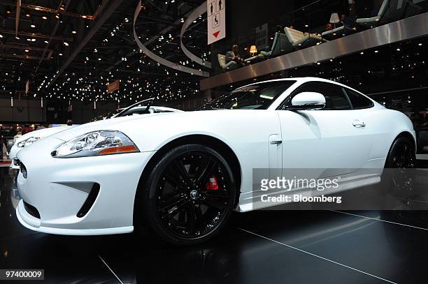 Jaguar XKR automobile is seen on display on the second press day of the Geneva International Motor Show in Geneva, Switzerland, on Wednesday, March...