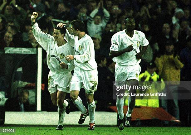 Ian Harte of Leeds United celebrates the opening goal during the Leeds United v Anderlecht UEFA Champions League group D match at Elland Road, Leeds....