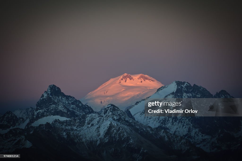 Peak of Elbrus at sunset, Caucasus, Russia