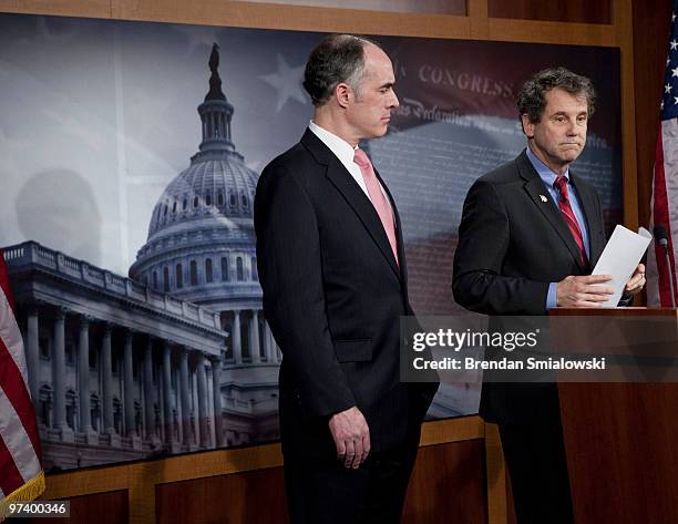 Sen. Bob Casey and Sen. Sherrod Brown listen to questions during a news conference on Capitol Hill March 3, 2010 in Washington, DC. Sen. Charles...