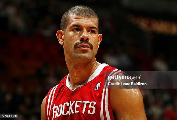 Shane Battier of the Houston Rockets looks on during the game against the Miami Heat at American Airlines Arena on February 9, 2010 in Miami,...