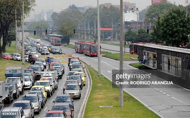 Traffic jamming during a public transportation strike on March 3, 2010 in Bogota, Colombia. The strike has forced thousands of people in Bogota to...