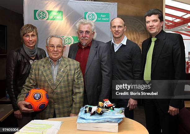 Sandra Minnert, ambassador of Womens World Cup 2011 , Herbert Fandel , former referee and patron of 'Fair ist mehr' and Hans Pfluegler , former FC...