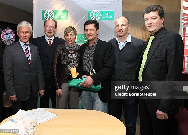 Sandra Minnert, ambassador of Womens World Cup 2011 , Herbert Fandel , former referee and patron of 'Fair ist mehr' and Hans Pfluegler , former FC...