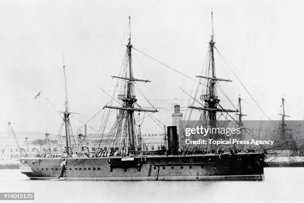 The Royal Navy Audacious-class central battery 10-gun twin-screw ironclad HMS Iron Duke in the English Channel circa 1885 off Devonport, Plymouth,...