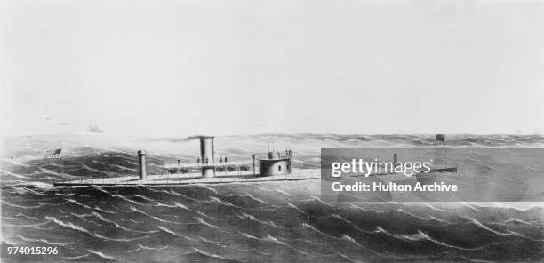 An engraving of the USS Dictator, a single-turreted ironclad monitor of the United States Navy whilst assigned to the North Atlantic Blockading...