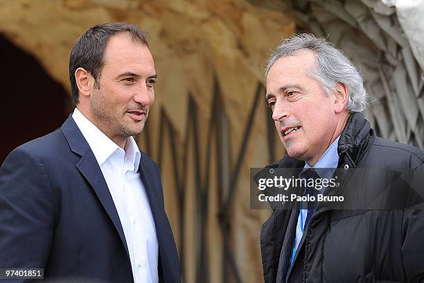 Pierluigi Casiraghi the coach of Under 21 speaks with Giancarlo Abete the President of F.I.G.C. Before the UEFA U21 Championship Group 3 qualifying...