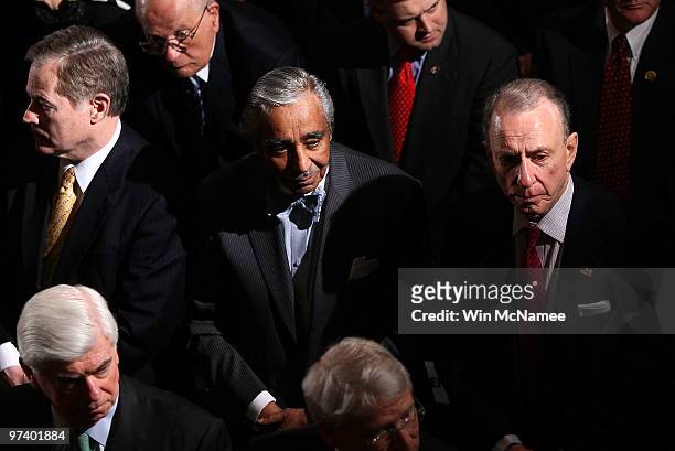 Rep. Charles Rangel waits wtih Sen. Arlen Specter for the start of a memorial service for Rep. John Murtha at the U.S. Capitol March 3, 2010 in...