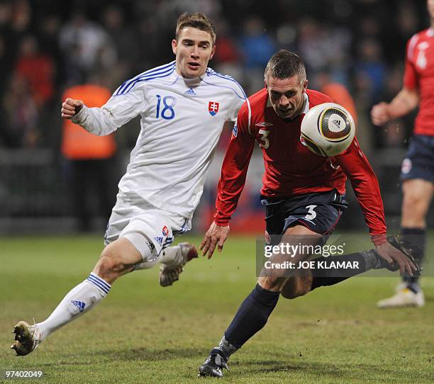 Kjetil Waehler of Norway and Slovakia's Erik Jendrisek fight for a ball during their friendly match between Slovakia and Norway in Zilina on March...