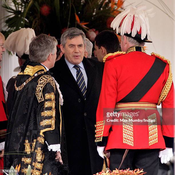 Prime Minister Gordon Brown talks with Lord Samuel Vestey , Master of the Horse, as they attend the Ceremonial Welcome for the President of The...