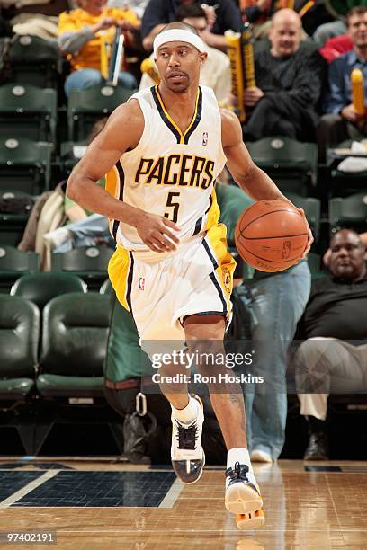 Ford of the Indiana Pacers drives the ball upcourt against the Milwaukee Bucks during the game on February 25, 2010 at Conseco Fieldhouse in...