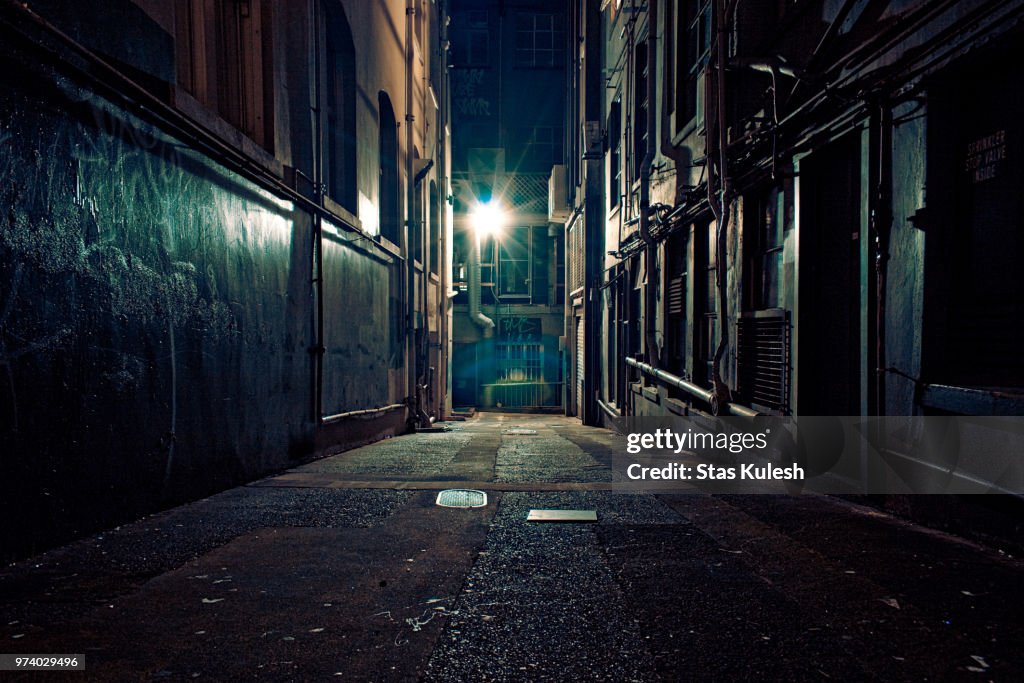 Dark, empty alley, Auckland, New Zealand