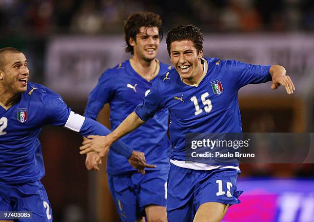 Luca Marrone with his teammates of Italy celebrates the second goal during the UEFA U21 Championship Group 3 qualifying match between Italy U21 and...