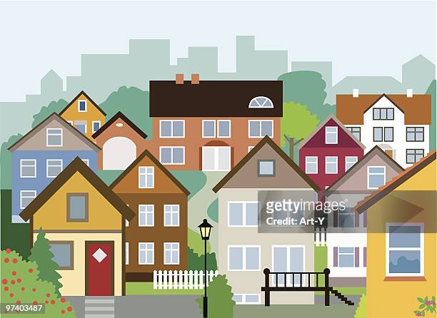 illustrazioni stock, clip art, cartoni animati e icone di tendenza di varietà di piccoli e grandi case nel quartiere - comunità